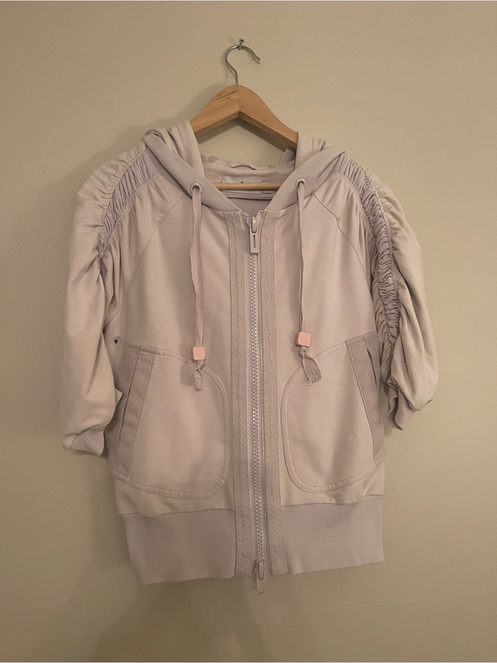 adidas Stella McCartney Light Lavender Ruched-Sleeve Bomber Hoodie Jacket